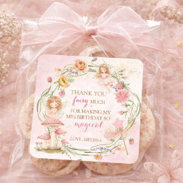 Pegatina Cuadrada Pink Floral Magical Fairy Garden Girl Birthday