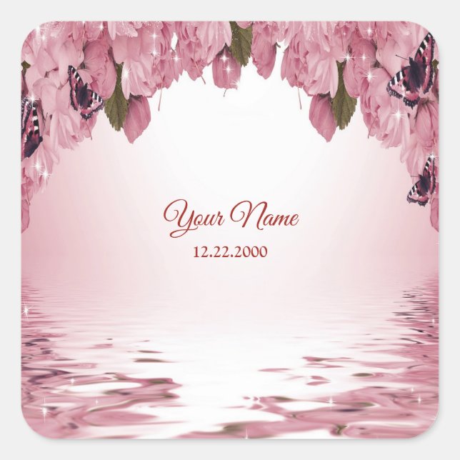 Pegatina Cuadrada Pink Floral Nature Butterfly Outdoor Wedding Party (Anverso)