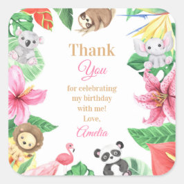 Pegatina Cuadrada Pink Floral Safari Animals Birthday Thank You