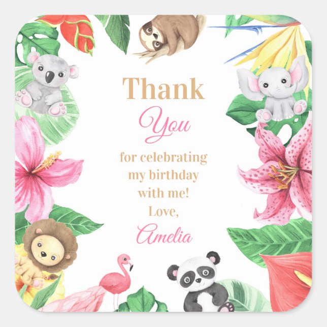 Pegatina Cuadrada Pink Floral Safari Animals Birthday Thank You (Anverso)