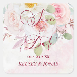 Pegatina Cuadrada Pink Floral Save the Date Whimsical Quote