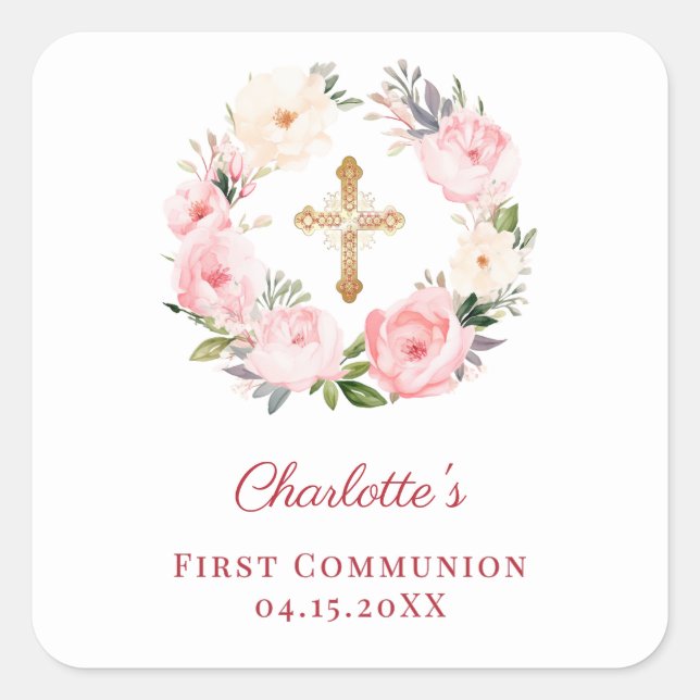 Pegatina Cuadrada Pink floral wreath First Communion (Anverso)