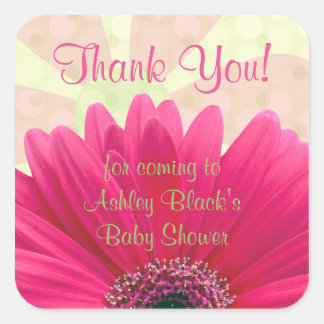 Pegatina Cuadrada Pink Gerbera Daisy Baby Shower Gracias