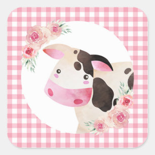 Pegatina Cuadrada Pink Gingham Cow Floral