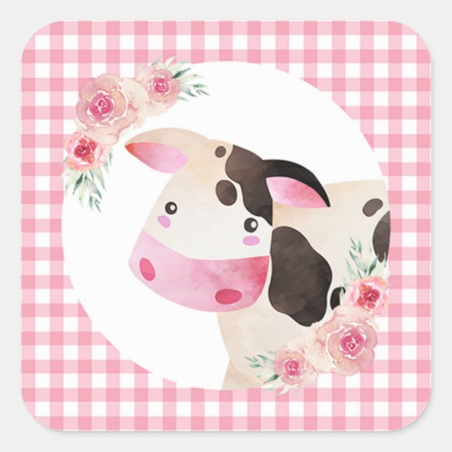 Pegatina Cuadrada Pink Gingham Cow Floral (Anverso)