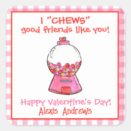 Pegatina Cuadrada Pink Gingham Gumballs Valentine