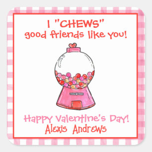 Pegatina Cuadrada Pink Gingham Gumballs Valentine