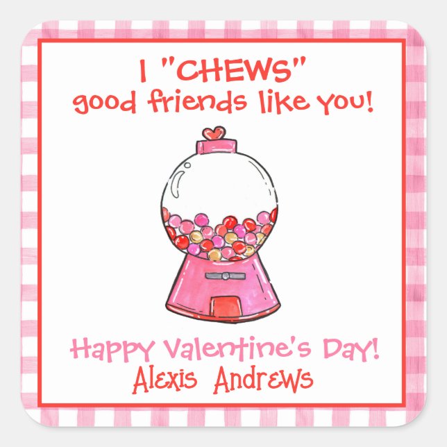 Pegatina Cuadrada Pink Gingham Gumballs Valentine (Anverso)
