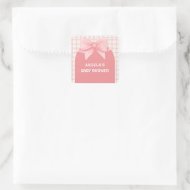 Pegatina Cuadrada Pink Gingham Plaid Arch Bow Baby Shower