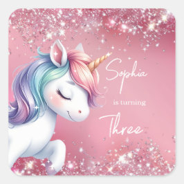 Pegatina Cuadrada Pink Glitter Rainbow Unicorn Birthday