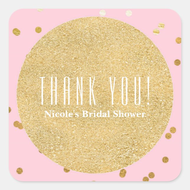 Pegatina Cuadrada Pink & Gold Shiny Confetti Dots Party Favor (Anverso)