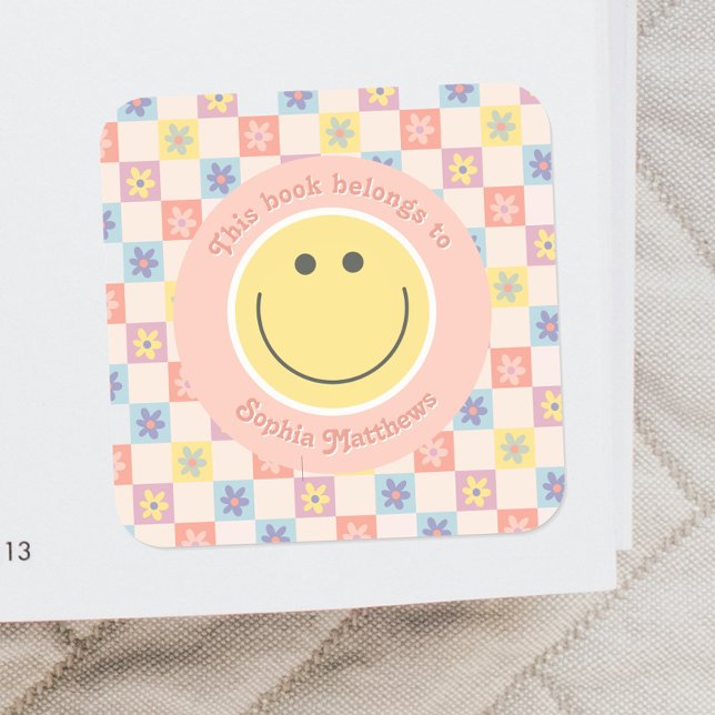 Pegatina Cuadrada Pink Groovy Boho Retro Kids Bookplate (Subido por el creador)