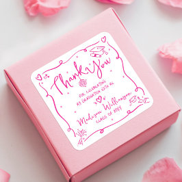 Pegatina Cuadrada Pink Hand Drawn Doodles Graduation Thank You White