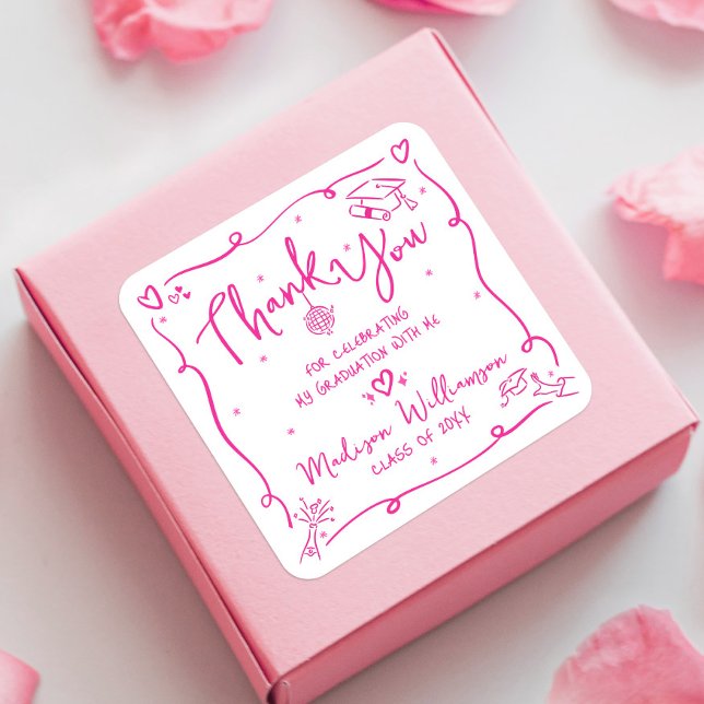 Pegatina Cuadrada Pink Hand Drawn Doodles Graduation Thank You White (Subido por el creador)