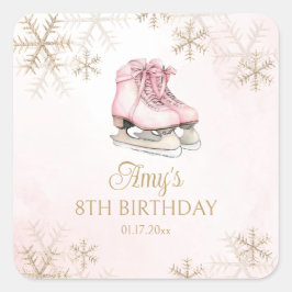Pegatina Cuadrada Pink Ice Skating Birthday Gold Glitter Snowflakes