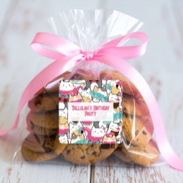 Pegatina Cuadrada Pink Kawaii Gats Pool Fiesta Cumpleaños