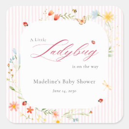 Pegatina Cuadrada Pink Ladybug Wildflower Garden Baby Shower