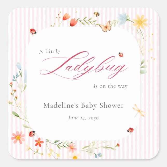 Pegatina Cuadrada Pink Ladybug Wildflower Garden Baby Shower (Anverso)