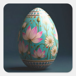 Pegatina Cuadrada Pink Lotus and White Floral Easter Egg