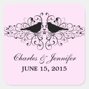 Pegatina Cuadrada Pink Love Bird Swirls Wedding Stickers