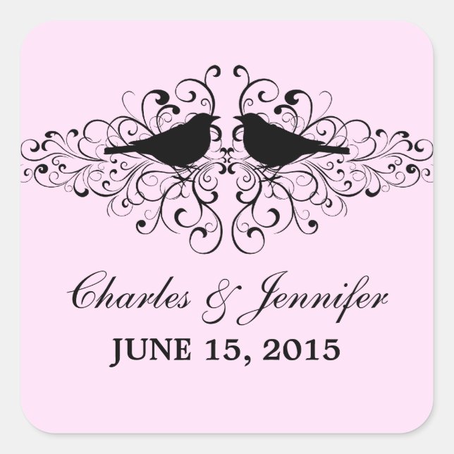 Pegatina Cuadrada Pink Love Bird Swirls Wedding Stickers (Anverso)