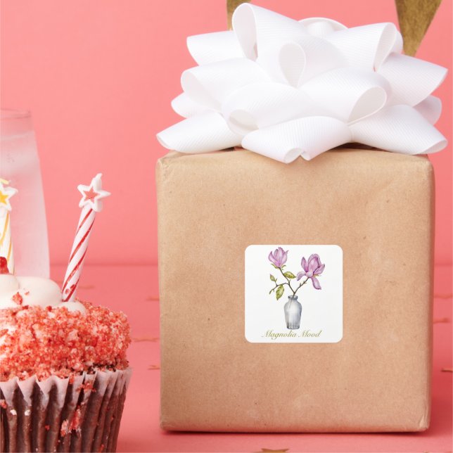 Pegatina Cuadrada Pink Magnolia Watercolor Botanical (Fiesta)