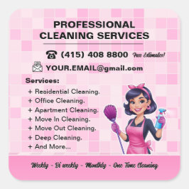 Pegatina Cuadrada Pink Maid Janitorial Lady House Cleaning Service