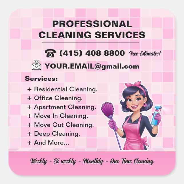 Pegatina Cuadrada Pink Maid Janitorial Lady House Cleaning Service (Anverso)