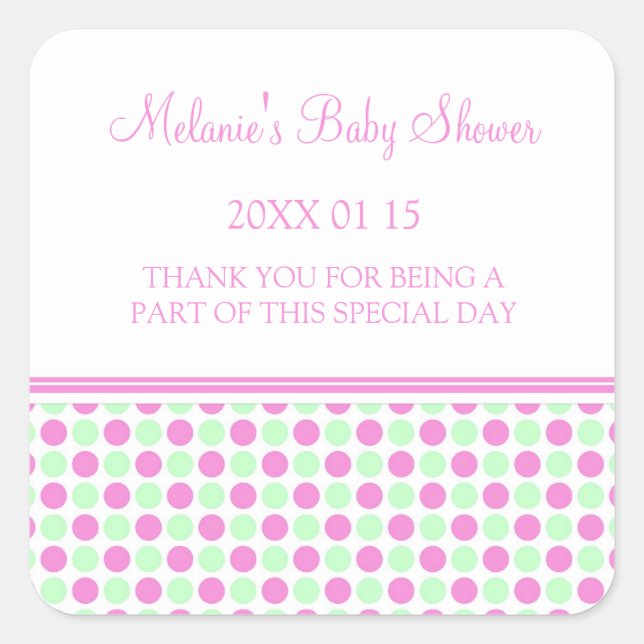 Pegatina Cuadrada Pink Mint Dots Baby Shower Favor Pegatinas (Anverso)