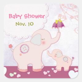 Pegatina Cuadrada Pink Mom n Baby Elephants Baby Shower
