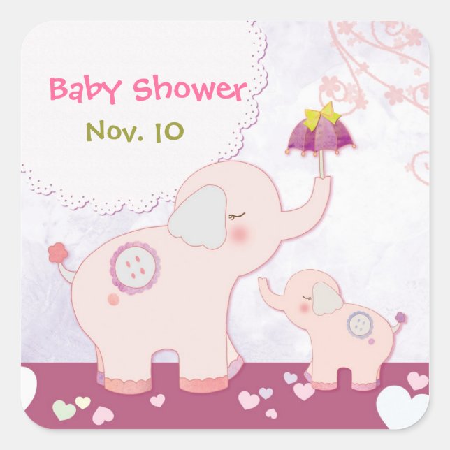 Pegatina Cuadrada Pink Mom n Baby Elephants Baby Shower (Anverso)