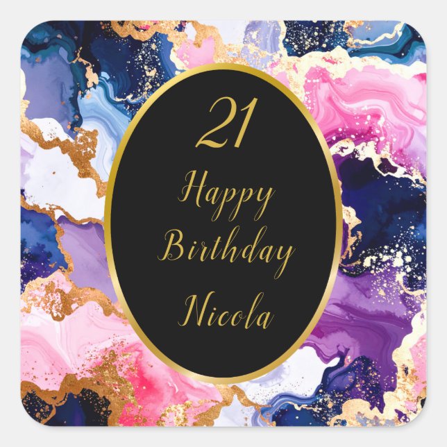 Pegatina Cuadrada Pink, Navy Blue and Gold Ink Birthday Party (Anverso)