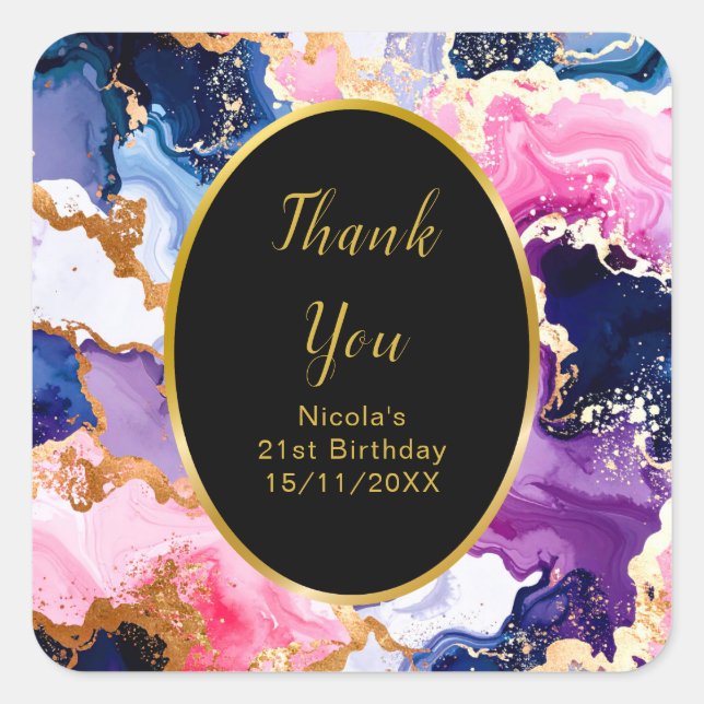 Pegatina Cuadrada Pink, Navy Blue and Gold Ink Birthday Party (Anverso)