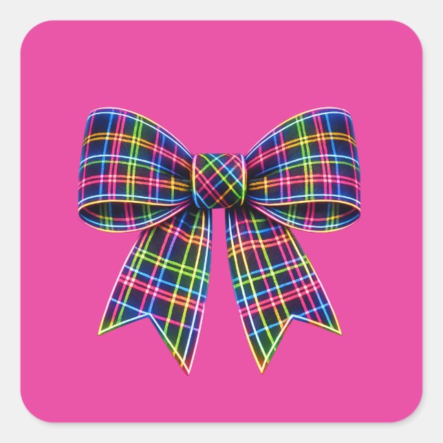 Pegatina Cuadrada Pink Neon Bow Tartan Ribbon Scottish Cute (Anverso)