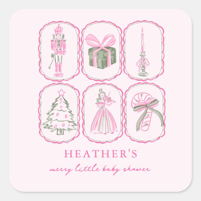 Pegatina Cuadrada Pink Nutcracker A Merry Little Baby Shower (Anverso)