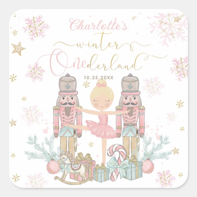 Pegatina Cuadrada Pink Nutcracker Winter Onederland 1st Birthday (Anverso)