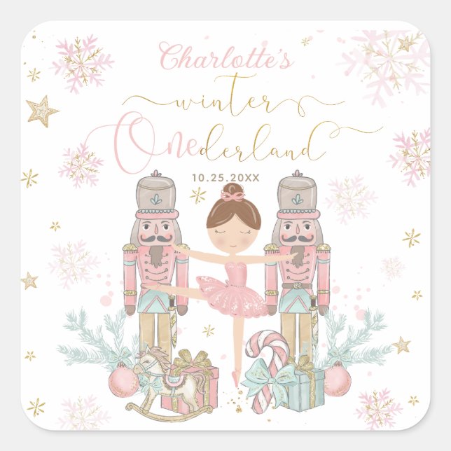 Pegatina Cuadrada Pink Nutcracker Winter Onederland 1st Birthday (Anverso)