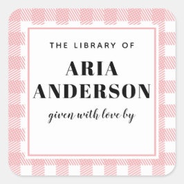 Pegatina Cuadrada Pink Pale Gingham Plaid Baby Boy Book Plate