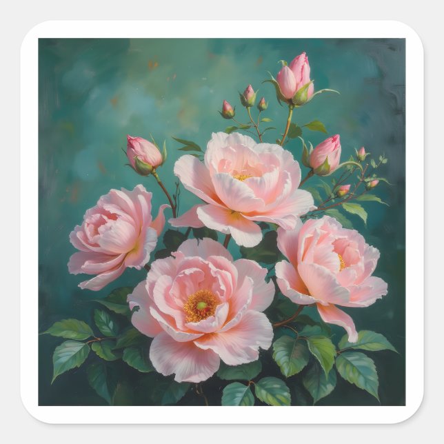 Pegatina Cuadrada Pink Peonies Artwork on Emerald Green (Anverso)