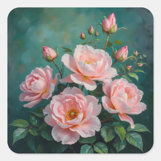 Pegatina Cuadrada Pink Peonies Artwork on Emerald Green (Anverso)