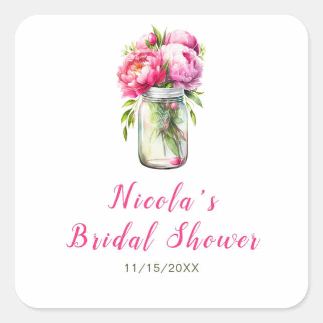 Pegatina Cuadrada Pink Peonies Mason Jar Bridal Shower (Anverso)