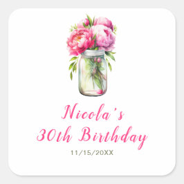 Pegatina Cuadrada Pink Peonies Mason Jar Cumpleaños