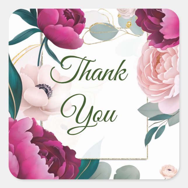 Pegatina Cuadrada Pink Peony Eucalyptus Garden Floral Glam Wedding  (Anverso)