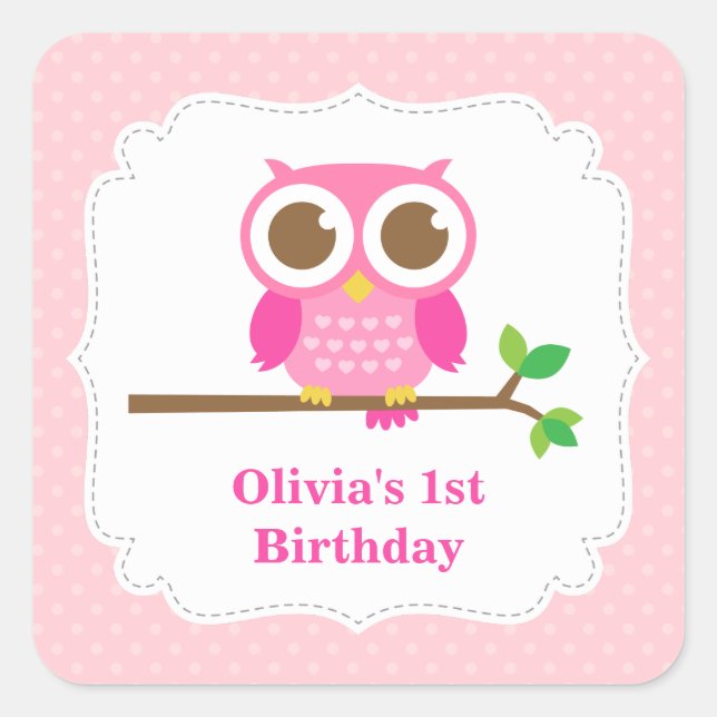 Pegatina Cuadrada Pink Polka Dots Cute Owen Party Birthday (Anverso)
