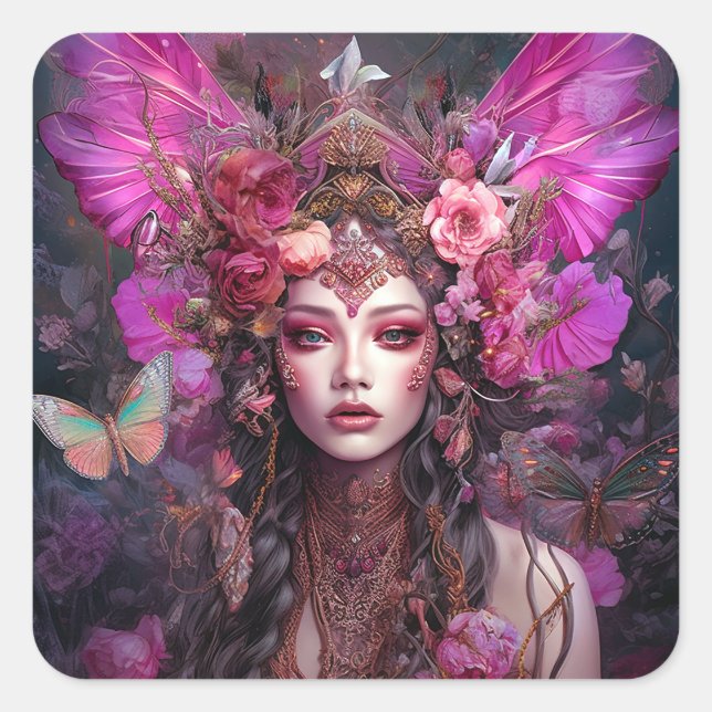 Pegatina Cuadrada Pink Purple Fairy Queen Fantasy Art (Anverso)