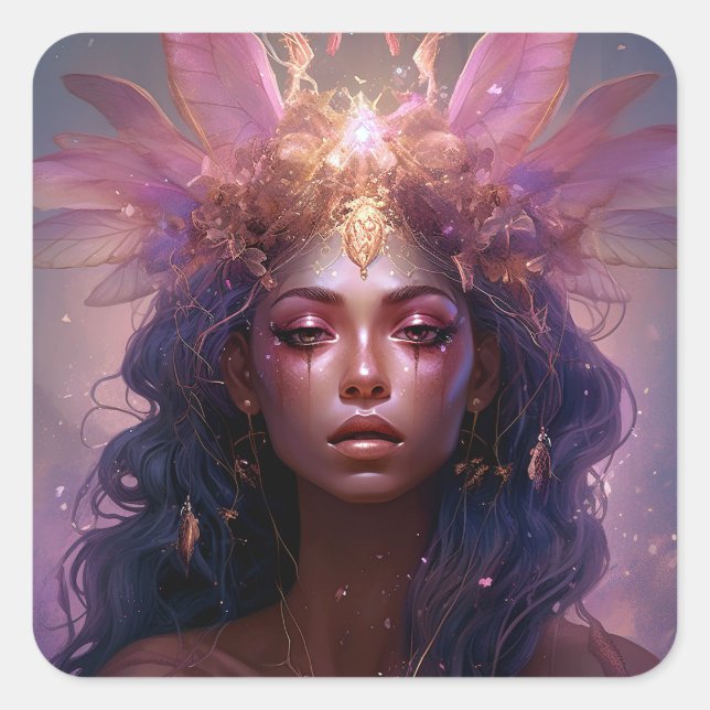 Pegatina Cuadrada Pink Purple Fairy Queen Fantasy Art (Anverso)