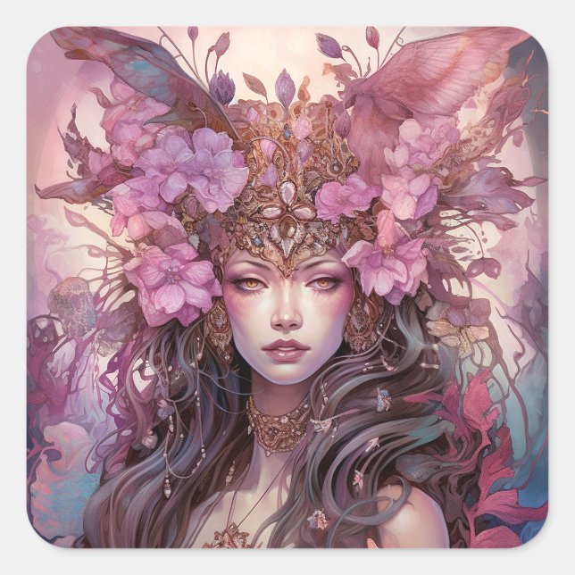Pegatina Cuadrada Pink Purple Fairy Queen Fantasy Art (Anverso)