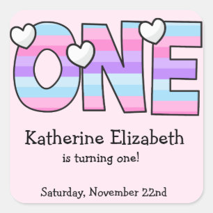 Pegatina Cuadrada Pink Purple Ombre Stripes Hearts First Birday