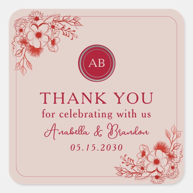 Pegatina Cuadrada Pink Red Floral Wedding Thank You (Anverso)