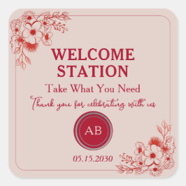 Pegatina Cuadrada Pink Red Floral Welcome Station